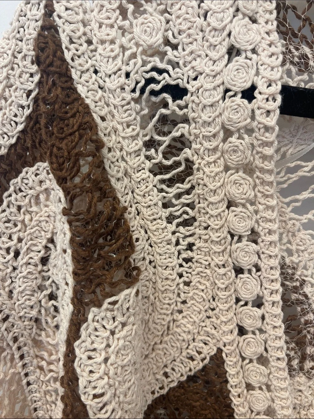 Cream & Brown Crochet Open Cardigan Sweater - Picture 3 of 8